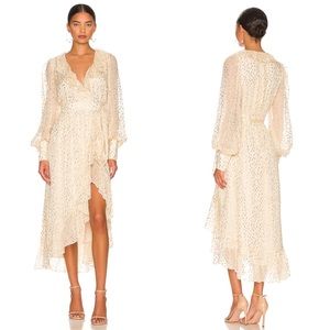 Zimmermann Silk Wrap Midi Dress in Cream & Gold